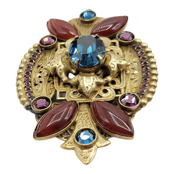 Sorrelli Goldtone Gripoix Nouveou Style, Rhinestone Brooch Signed - Picture 2 of 9